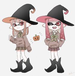 Rule 34 | &gt; o, 2girls, ;d, artist name, black footwear, black hat, cardigan, collared shirt, commentary, fangs, grey cardigan, hat, highres, inkling, inkling girl, inkling player character, jack-o&#039;-lantern, light brown hair, long hair, long sleeves, miniskirt, multiple girls, nintendo, one eye closed, open mouth, pink hair, pleated skirt, plum0o0, pointy ears, pointy footwear, red eyes, school uniform, shirt, signature, skirt, sleeves past wrists, smile, splatoon (series), symbol-only commentary, teeth, tentacle hair, white shirt, witch hat