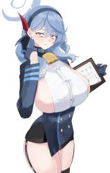 Rule 34 | 1girl, absurdres, ako (blue archive), bad id, bad twitter id, bags under eyes, bell, black skirt, black thighhighs, blue archive, blue eyes, blue hair, blue hairband, blush, breasts, clipboard, constricted pupils, garter straps, gloves, hair between eyes, hair ribbon, hairband, half gloves, halo, highres, holding, holding clipboard, huge breasts, kasumi saika, long hair, long sleeves, looking at viewer, neck bell, red ribbon, ribbon, sideboob, simple background, skirt, solo, thighhighs, thighs, white background