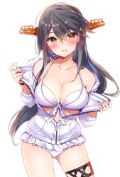 Rule 34 | 1girl, :d, bare shoulders, bikini, black hair, blush, breasts, brown eyes, cleavage, collarbone, cowboy shot, hair between eyes, hair ornament, hairband, hairclip, haruna (kancolle), headgear, highres, kantai collection, large breasts, long hair, looking at viewer, official alternate costume, open mouth, partially unzipped, simple background, smile, solo, swimsuit, thigh strap, tsukui kachou, undressing, white background, white bikini