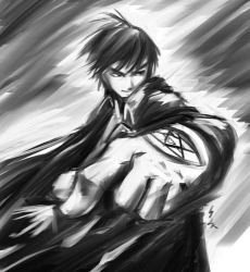 Rule 34 | 00s, 1boy, antenna hair, black hair, cape, cloak, fighting stance, fullmetal alchemist, gloves, greyscale, male focus, military, military uniform, monochrome, parted lips, roy mustang, solo, sparks, tattoo, uniform, upper body, white gloves