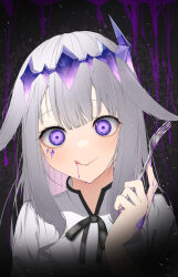 Rule 34 | 1girl, :&gt;, absurdres, alternate costume, black background, black ribbon, commentary request, crazy eyes, crystal, fork, grey hair, hair flaps, highres, holding, holding fork, hololive, hololive english, koseki bijou, long hair, looking at viewer, mixed-language commentary, mononn0212, neck ribbon, purple eyes, ribbon, shirt, simple background, smile, solo, tiara, upper body, virtual youtuber, white shirt