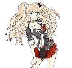 Rule 34 | 10s, 1girl, bear hair ornament, blue eyes, blush, cakeoflime, choker, contrapposto, danganronpa: trigger happy havoc, danganronpa (series), enoshima junko, hair ornament, hand on own hip, hand on own thigh, hand on thigh, long hair, loose necktie, nail polish, necktie, pink hair, pleated skirt, skirt, sleeves rolled up, smile, solo, spoilers, standing, twintails