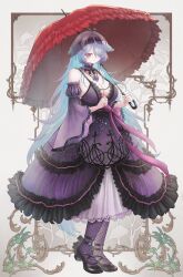 Rule 34 | 1girl, @ @, absurdres, antenna hair, black footwear, blue hair, bow, breasts, cleavage, colored inner hair, commission, detached sleeves, dress, fishnet thighhighs, fishnets, frilled dress, frilled hairband, frills, gem, hairband, highres, holding, holding umbrella, indie virtual youtuber, jewelry, large breasts, long hair, menace mamaki, multicolored hair, necklace, purple bow, purple dress, purple eyes, purple gemstone, purple hair, purple ribbon, red umbrella, ribbon, second-party source, skeb commission, solo, thighhighs, umbrella, very long hair, virtual youtuber, wariko, wide sleeves