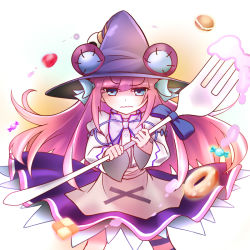 Rule 34 | 1girl, blue eyes, bow, candy, coco3186, doughnut, dumpty alma, emil chronicle online, food, fork, hat, long hair, purple hair, puzzle &amp; dragons, skirt, solo, wavy mouth, witch hat