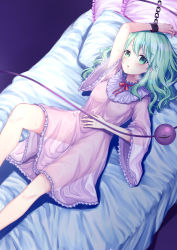 Rule 34 | 1girl, absurdres, alternate costume, blush, chained wrists, commentary request, curly hair, green eyes, green hair, highres, knee up, komeiji koishi, lingerie, long hair, lying, negligee, nipples, on back, on bed, pink negligee, restrained, rnkgmn, see-through, solo, third eye, touhou, underwear, wide sleeves