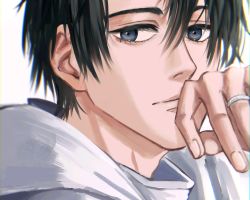Rule 34 | 1boy, black hair, blue eyes, closed mouth, highres, jacket, jewelry, jujutsu kaisen, looking at viewer, male focus, ndsoda, okkotsu yuuta, parted bangs, ring, short hair, simple background, solo, upper body, white background, white jacket