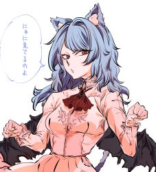 Rule 34 | 1girl, absurdres, animal ears, ascot, black wings, blue hair, breasts, cat ears, cat tail, clenched hands, cross-species cosplay, dress, frills, gloves, highres, kyanduru, long sleeves, looking at viewer, no headwear, no headwear, pink dress, pink gloves, red eyes, remilia scarlet, solo, tail, touhou, translation request, wings