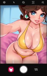 Rule 34 | 1girl, bed, bikini, blue eyes, breasts, brown hair, cellphone, cleavage, darkmoney, earrings, flower earrings, grin, highres, image sample, jewelry, large breasts, looking at viewer, mario (series), md5 mismatch, navel, nintendo, phone, princess daisy, resolution mismatch, shiny skin, sitting, smile, solo, source larger, super mario land, super mushroom, swimsuit, thighs, tomboy, twitter sample
