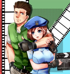 Rule 34 | 1boy, 1girl, arm around neck, arm under breasts, beret, black gloves, blue eyes, blue headwear, blue shirt, blush, breasts, brown hair, chris redfield, clapperboard, closed mouth, commentary request, english text, film strip, fingerless gloves, gloves, green vest, hand in pocket, hand on another&#039;s arm, hat, holding, jill valentine, large breasts, looking at another, multicolored background, nagare, open mouth, resident evil, shirt, short hair, smile, standing, thumbs up, upper body, vest, white shirt