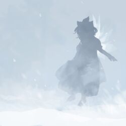 Rule 34 | 1girl, bow, cirno, commentary request, fog, full body, hair bow, ice, ice wings, kaigen 1025, puffy short sleeves, puffy sleeves, short hair, short sleeves, silhouette, snow, solo, touhou, wings