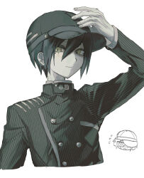 Rule 34 | 1boy, ahoge, arm up, black hair, black headwear, black jacket, breast pocket, brown eyes, buttons, cropped torso, danganronpa (series), danganronpa v3: killing harmony, double-breasted, hair between eyes, hand on headwear, highres, i-hara, jacket, long sleeves, looking at viewer, male focus, pocket, saihara shuichi, short hair, simple background, smile, solo, striped clothes, striped jacket, upper body, white background