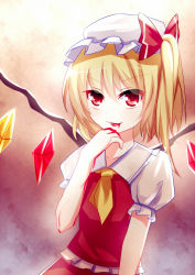 Rule 34 | 1girl, ascot, blonde hair, blood, blood in mouth, blood on hands, dress, flandre scarlet, hat, hat ribbon, looking at viewer, meng xiao jiong, mob cap, puffy short sleeves, puffy sleeves, red dress, red eyes, ribbon, shirt, short sleeves, side ponytail, solo, touhou, wings