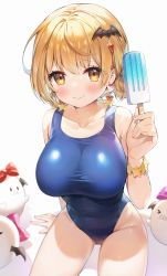 Rule 34 | 1girl, arm support, ayamy, bare shoulders, blonde hair, blue one-piece swimsuit, bracelet, breasts, cleavage, closed mouth, collarbone, competition swimsuit, covered navel, earrings, fang, fang out, food, groin, hair ornament, hand up, highleg, highleg swimsuit, highres, holding, hololive, jewelry, large breasts, looking at viewer, one-piece swimsuit, popsicle, short hair, simple background, sitting, skin fang, smile, solo, swimsuit, taut clothes, taut swimsuit, thighs, virtual youtuber, white background, yellow eyes, yozora mel