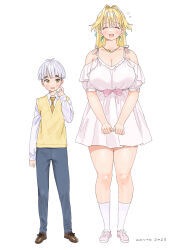 1boy 1girl 2025 absurdres antenna_hair aqua_bow artist_name bare_shoulders blonde_hair blue_pants blush bow breasts brown_eyes brown_shoes catherine_(conto) cleavage closed_eyes conto dress earrings finger_to_cheek full_body grey_hair hair_bow highres huge_breasts jewelry long_hair long_sleeves mole mole_on_shoulder necktie open_mouth original pants pink_bow pink_shoes shirt shoes short_hair short_male short_sleeves simple_background size_difference socks standing tall_female thick_thighs thighs vest white_background white_dress white_shirt white_socks yellow_necktie yellow_vest