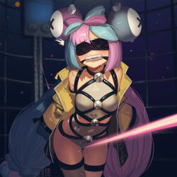 Rule 34 | bare shoulders, bdsm, bit gag, blindfold, blue hair, bondage, bound, bow-shaped hair, cad (caddo), character hair ornament, creatures (company), gag, gagged, game freak, hair ornament, highres, iono (pokemon), jacket, long hair, long sleeves, low-tied long hair, nintendo, pink hair, pokemon, pokemon sv, shibari, thighs, twintails, very long hair, yellow jacket