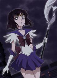 Rule 34 | 10s, 1girl, bishoujo senshi sailor moon, bishoujo senshi sailor moon crystal, black hair, bow, brooch, choker, cowboy shot, elbow gloves, expressionless, gloves, holding, holding polearm, holding spear, holding weapon, jewelry, looking at viewer, magical girl, official style, onomekaman, pleated skirt, polearm, purple bow, purple eyes, purple skirt, sailor collar, sailor saturn, short hair, silence glaive, skirt, solo, spear, star brooch, tiara, tomoe hotaru, weapon, white gloves
