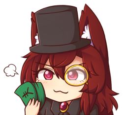 Rule 34 | 1girl, :3, animal ear fluff, animal ears, black hat, blush, brooch, brown hair, chibi, commentary, english commentary, hair between eyes, hat, holding, holding money, imaizumi kagerou, jewelry, long hair, looking at viewer, money, monocle, portrait, puff of air, red eyes, simple background, smile, solo, top hat, touhou, white background, wolf ears, wool (miwol), yen sign