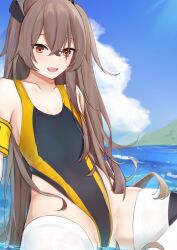 Rule 34 | 1girl, absurdres, alternate costume, armband, competition swimsuit, flat chest, girls&#039; frontline, grey hair, highleg, highleg swimsuit, highres, indian style, kotoha (kotoha65), long hair, one-piece swimsuit, one side up, partially submerged, scar, scar across eye, scar on face, sitting, spread legs, swimsuit, thighhighs, ump45 (girls&#039; frontline)