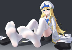 Rule 34 | 1girl, absurdres, bike shorts, blonde hair, blue eyes, boots, feet, goblin slayer!, highres, jendelle, long hair, looking at viewer, open mouth, priestess (goblin slayer!), shoes, soles, thighhighs, toes, unworn boots, unworn shoes, white thighhighs