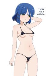 Rule 34 | 1girl, absurdres, arm up, bikini, black bikini, blue hair, blush, bocchi the rock!, breasts, collarbone, commentary, cowboy shot, english text, hair ornament, hairclip, highres, micro bikini, mole, mole under eye, navel, paid reward available, short hair, simple background, small breasts, solo, standing, swimsuit, white background, yamada ryo, yellow eyes, yisusjpl