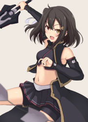 Rule 34 | 1girl, arm up, bare shoulders, bike shorts, black hair, commentary request, hair ornament, hairclip, heterochromia, highres, holding, holding sword, holding weapon, looking at viewer, minatsuki nao, miniskirt, navel, open mouth, original, pleated skirt, red eyes, short hair, shorts, shorts under skirt, simple background, skirt, solo, sword, weapon, whip sword, yellow eyes
