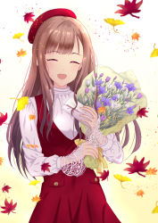 Rule 34 | 1girl, bouquet, brown hair, closed eyes, dress, flower, hat, highres, holding, holding bouquet, holding letter, idolmaster, idolmaster cinderella girls, letter, long hair, mizumoto yukari, open mouth, pinafore dress, purple flower, red dress, red hat, shirt, simple background, sleeveless, sleeveless dress, smile, solo, standing, toufuu, upper body, very long hair, white background, white flower, white shirt