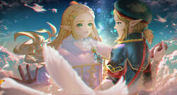Rule 34 | 1boy, 1girl, :d, alternate costume, bird, blonde hair, blue eyes, blue headwear, blurry, blurry foreground, braid, brown gloves, closed mouth, crown braid, earrings, expressionless, eye contact, fur collar, gloves, hair ornament, hairclip, hat, highres, holding hands, japanese clothes, jewelry, kimono, link, long hair, long sleeves, looking at another, medium hair, nintendo, official alternate costume, open mouth, parted bangs, pointy ears, princess zelda, royal guard set (zelda), short ponytail, signature, sky, smile, the legend of zelda, the legend of zelda: breath of the wild, triforce print, tsujieiri, white bird
