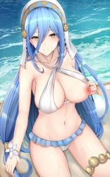 Rule 34 | 1girl, azura (fire emblem), ball, beach, beachball, bikini, bikini pull, blue hair, breasts, chiyo (pk19981234), closed mouth, clothes pull, commentary, fire emblem, fire emblem fates, flower, hair between eyes, halterneck, highres, large breasts, long hair, looking at viewer, navel, nintendo, nipples, ocean, sand, sitting, smile, solo, swimsuit, undressing, white bikini, yellow eyes