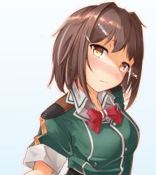 Rule 34 | 1girl, blush, bow, bowtie, breasts, brown eyes, brown hair, closed mouth, cosplay, furutaka (kancolle), glowing, glowing eye, gradient background, hair ornament, hairclip, heterochromia, highres, kantai collection, looking at viewer, medium breasts, namae hamada, short hair, solo, tone (kancolle), tone (kantai collection) (cosplay), upper body