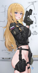 Rule 34 | 1girl, absurdres, ass, black gloves, black jacket, blonde hair, blue eyes, blush, bottomless, breasts, candy, food, fsb, gloves, gun, handgun, highres, holding, holding candy, holding food, holding gun, holding lollipop, holding weapon, holster, jacket, large breasts, lollipop, long hair, looking at viewer, looking to the side, marker, mp-443 grach, no panties, original, russian flag, sawkm, skindentation, smile, solo, tactical clothes, thigh holster, thigh strap, tongue, tongue out, very long hair, weapon, whiteboard