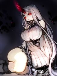 Rule 34 | 10s, 1girl, abyssal ship, breasts, claws, creayus, detached sleeves, dress, horns, kantai collection, large breasts, long hair, looking at viewer, pale skin, red eyes, ribbed dress, seaport princess, short dress, single horn, sketch, solo, thick thighs, thighs, very long hair, white hair
