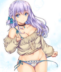 Rule 34 | 1girl, blue eyes, bow, bra, braid, breasts, choker, cleavage, dutch angle, earrings, hair bow, highres, jewelry, large breasts, long hair, looking at viewer, monety, navel, no panties, off-shoulder sweater, off shoulder, original, panties, purple hair, side-tie panties, simple background, solo, sweater, underwear