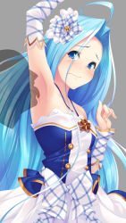 Rule 34 | 1girl, ahoge, arm up, licking armpit, armpits, blue eyes, blue hair, detached sleeves, granblue fantasy, grey background, hair between eyes, hair intakes, hair ornament, halterneck, highres, licking, long hair, long sleeves, lyria (granblue fantasy), simple background, skirt, solo, solo focus, standing, unosuke, very long hair, white skirt, white sleeves