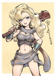 Rule 34 | 1girl, :d, asymmetrical bangs, ayla (chrono trigger), blonde hair, blue eyes, border, breasts, chrono trigger, cleavage, cowboy shot, crop top, curly hair, earrings, grey skirt, hand on own hip, head tilt, holding, holding weapon, jewelry, kuroganezero, large breasts, long hair, looking at viewer, midriff, miniskirt, navel, open mouth, skirt, smile, solo, standing, stomach, twitter username, very long hair, weapon, white border, yellow background
