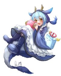Rule 34 | 1girl, :d, apron, blue dress, blue hair, blush, dress, duel monster, floating, frilled apron, frills, full body, highres, horns, laundry dragonmaid, mokey mokey, open mouth, orange eyes, scapegoat, signature, smile, solo, tail, white apron, wide sleeves, xxrmsn 008, yu-gi-oh!, yu-gi-oh! master duel