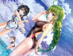Rule 34 | &gt;:), 3girls, ahoge, alternate costume, alternate hairstyle, arm at side, ass, bare arms, bare shoulders, bent over, black hair, blue eyes, blunt bangs, blurry, braid, breasts, brown hair, cloud, cloudy sky, competition swimsuit, cowboy shot, day, depth of field, dutch angle, faceless, faceless female, green hair, hair ribbon, hair up, half-closed eyes, highres, kantai collection, kazagumo (kancolle), koyuki (kotatsu358), lips, long hair, looking at viewer, medium breasts, mole, mole under mouth, multicolored hair, multiple girls, naganami (kancolle), ocean, one-piece swimsuit, open mouth, parted lips, partially submerged, pink hair, ponytail, ribbon, sidelocks, single braid, sky, smile, smug, standing, stretching, swimsuit, thighs, two-tone hair, v-shaped eyebrows, very long hair, wading, water, yuugumo (kancolle)