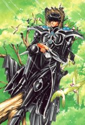 Rule 34 | 1990s (style), 1boy, animal, animal on shoulder, armor, bird, bird on shoulder, black hair, boots, cape, clamp, full body, lantis, lantis (rayearth), magic knight rayearth, male focus, official art, pants, retro artstyle, scan, sitting, solo, tree