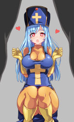 Rule 34 | 1girl, :o, blue hair, blue hat, blush, bodysuit, boots, breasts, cross, cross print, dragon quest, dragon quest iii, gem, gloves, grey background, hat, heart, heart-shaped pupils, highres, large breasts, long hair, looking at viewer, looking through own legs, mitre, orange bodysuit, out of frame, priest (dq3), print headwear, red eyes, serin199, simple background, solo, solo focus, squatting, symbol-shaped pupils, tabard, yellow gloves