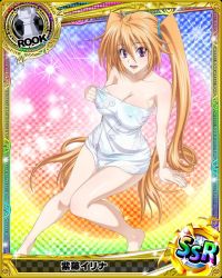 Rule 34 | 1girl, bikini, blush, breasts, card (medium), character name, chess piece, closed mouth, high school dxd, large breasts, long hair, looking at viewer, navel, official art, orange hair, purple eyes, rook (chess), shidou irina, solo, swimsuit, towel, trading card, twintails, very long hair
