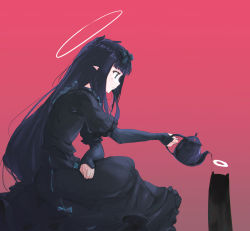 Rule 34 | 1girl, black bow, black dress, black hair, blue eyes, blunt bangs, bow, closed mouth, dress, from side, hair bow, halo, highres, holding, holding teapot, hololive, hololive english, layered sleeves, long hair, long sleeves, looking away, mole, mole under eye, ninomae ina&#039;nis, pointy ears, pouring, red background, short over long sleeves, short sleeves, simple background, sleeves past wrists, solo, takodachi (ninomae ina&#039;nis), tallgeese (lgeesel), teapot, very long hair, virtual youtuber
