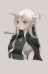 Rule 34 | 1girl, arknights, artist name, black cape, blonde hair, blush, breasts, brown background, brown eyes, cape, closed mouth, hair between eyes, highres, horns, jewelry, large breasts, long hair, necklace, pointy ears, shining (arknights), simple background, solo, tofuubear, upper body