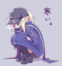 Rule 34 | 1girl, ahoge, artoria pendragon (all), artoria pendragon (fate), baseball cap, black footwear, black hat, black shorts, blonde hair, blue eyes, blue jacket, blue scarf, boots, cold, cross-laced footwear, empty eyes, fate (series), full body, hair between eyes, hand in panties, hands in pockets, hat, jacket, kannuki hisui, knee boots, lace-up boots, long sleeves, lowres, motion lines, mysterious heroine x (fate), panties, ponytail, rojiura satsuki : chapter heroine sanctuary, saber (fate), scarf, shorts, sidelocks, solo, squatting, track jacket, trembling, underwear