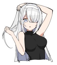Rule 34 | 1girl, alternate costume, arms up, bare shoulders, black sweater, breasts, cropped torso, fuyutsuki (kancolle), grey eyes, grey hair, hair over one eye, headband, highres, kantai collection, large breasts, long hair, looking at viewer, sayuwan, simple background, sleeveless, solo, sweater, white background, white headband
