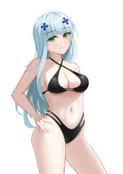 Rule 34 | 1girl, absurdres, alternate costume, bare shoulders, bikini, black bikini, blue hair, breasts, chinese commentary, cleavage, closed mouth, collarbone, feet out of frame, girls&#039; frontline, green eyes, hair ornament, hairclip, hand on own hip, highres, hk416 (girls&#039; frontline), light blue hair, light blush, long hair, looking at viewer, medium breasts, navel, one smoke, smile, solo, standing, stomach, swimsuit, teardrop facial mark, teardrop tattoo, thighs, white background