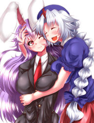 Rule 34 | 2girls, animal ears, blazer, blush, braid, breast press, breasts, breasts squeezed together, cheek-to-cheek, closed eyes, commentary request, hand in another&#039;s hair, hat, heads together, highres, hug, jacket, large breasts, legacy of lunatic kingdom, long hair, long sleeves, multiple girls, necktie, nurse cap, one eye closed, open mouth, puffy short sleeves, puffy sleeves, purple hair, rabbit ears, red necktie, reisen udongein inaba, short sleeves, silver hair, smile, touhou, v arms, very long hair, yagokoro eirin, zan (harukahime)