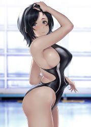 Rule 34 | 1girl, arm up, armpits, bare shoulders, black hair, black one-piece swimsuit, blue eyes, blush, breasts, competition swimsuit, highleg, highleg swimsuit, highres, large breasts, looking at viewer, one-piece swimsuit, original, short hair, sideboob, solo, swimsuit, thighs, wa (genryusui)