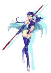 Rule 34 | 1girl, ;d, armpits, bare shoulders, blue footwear, blue hair, blue thighhighs, boots, bracelet, breasts, bridal gauntlets, cape, cleavage cutout, clothing cutout, colored eyelashes, covered erect nipples, cu chulainn (fate), cu chulainn (fate/stay night), earrings, fate/stay night, fate (series), floating hair, full body, gae bolg (fate), genderswap, genderswap (mtf), groin, hair ribbon, halterneck, hand up, heart, highleg, highleg leotard, highres, holding, holding weapon, jewelry, leotard, long legs, looking at viewer, low twintails, medium breasts, midriff, navel, navel cutout, one eye closed, open mouth, over shoulder, polearm, ponytail, ribbon, shadow, sideboob, simple background, sketch, skinny, smile, solo, spear, spiked hair, spoken heart, standing, sunday31, thigh boots, thigh gap, thighhighs, twintails, weapon, weapon over shoulder, white background