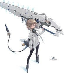 Rule 34 | 1girl, black legwear, brown hair, commentary request, full body, highres, horns, huge weapon, long sleeves, looking at viewer, mechanical tail, original, over shoulder, poco (asahi age), purple eyes, short hair, simple background, solo, standing, tail, weapon, weapon over shoulder, white background