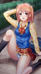 Rule 34 | 1girl, :d, bag, black socks, blue panties, blue vest, blush, bow, breasts, brown hair, collared shirt, doukyuusei another world, game cg, hair between eyes, hair ribbon, hand in own hair, kneehighs, loafers, long hair, looking at viewer, medium breasts, miniskirt, official art, open mouth, orange neckwear, outdoors, panties, plaid, plaid bow, pleated skirt, rain, red eyes, ribbon, school bag, school uniform, sendou airi, shirt, shoes, sitting, skirt, smile, socks, solo, twintails, underwear, vest, wet, wet clothes, wet shirt, wet vest, wing collar, yellow ribbon, yellow shirt