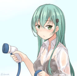 Rule 34 | 10s, 1girl, bad id, black bra, blue background, bra, breasts, collared shirt, gradient background, green eyes, green hair, hair ornament, hairclip, holding, hose, ido (teketeke), kantai collection, lace, lace-trimmed bra, lace trim, long hair, looking at viewer, looking to the side, matching hair/eyes, see-through, shirt, small breasts, solo, suzuya (kancolle), twitter username, underwear, wet, wet clothes, wet shirt, white shirt